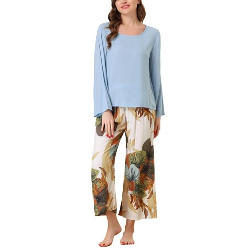 cheibear Womens 2pcs Long Sleeve Capri Pants Floral Lounge Set Sleepwear  Pajama Sets Blue X-Small