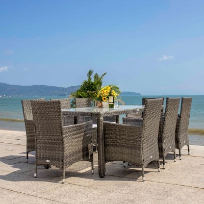 Hailee 8-Piece Gray Brown Wicker Dining Set with Glass Top