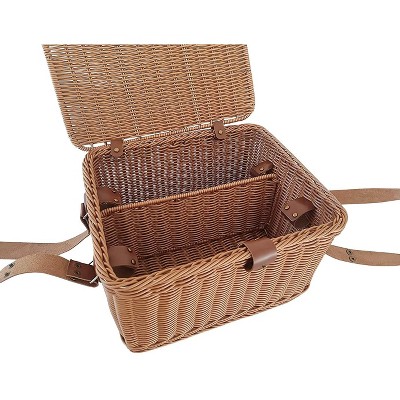 Handwoven Brown Poly-Wicker Picnic Basket with Leather Straps