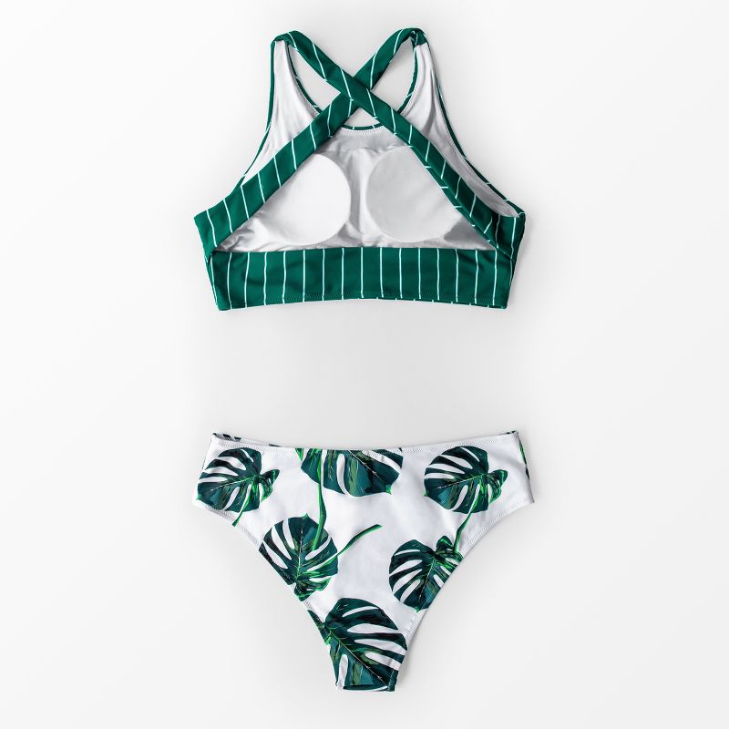 Women's Teal Stripe and Leaves Print Bikini -Cupshe- Green/White, 3 of 8