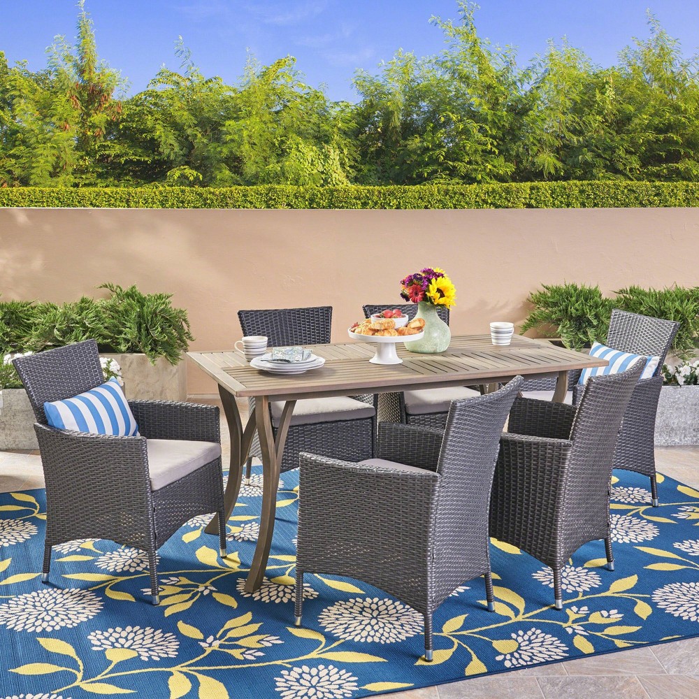 Photos - Garden Furniture Bennett 7pc Acacia Wood & Wicker Patio Dining Set: Elegant Seating for 6 