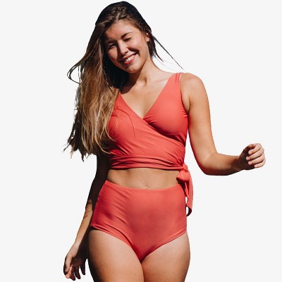 Calypsa Women's Plus Size Emery 2-Piece Wrap Style Swim Set With Reversible Top and High-Waisted Bottom
