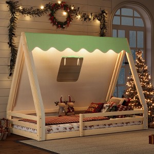 KWPZQEB House Shape Montessori House Bed, Wood Floor Bed with Tent & Light, Cute Bed Frame with Full-length Guardrails for Kids, No Box Spring Needed - 1 of 4
