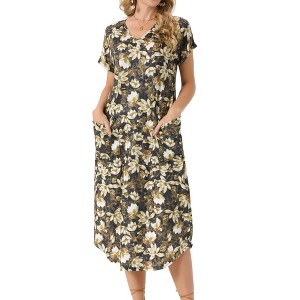 INSPIRE CHIC Women's Floral V Neck Rolled Short Sleeve with Pockets Casual Midi Dress - 1 of 4
