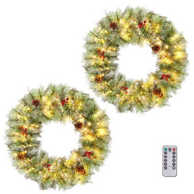 Karl Home 2 Pack 24inch Pre-lit Christmas Wreath with Red Berries Pine Cones