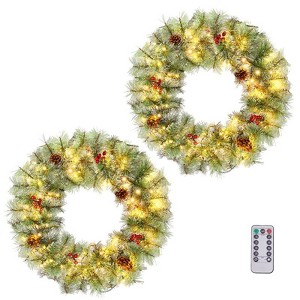 Karl Home 2 Pack 24inch Pre-lit Christmas Wreath with Red Berries Pine Cones - 1 of 4
