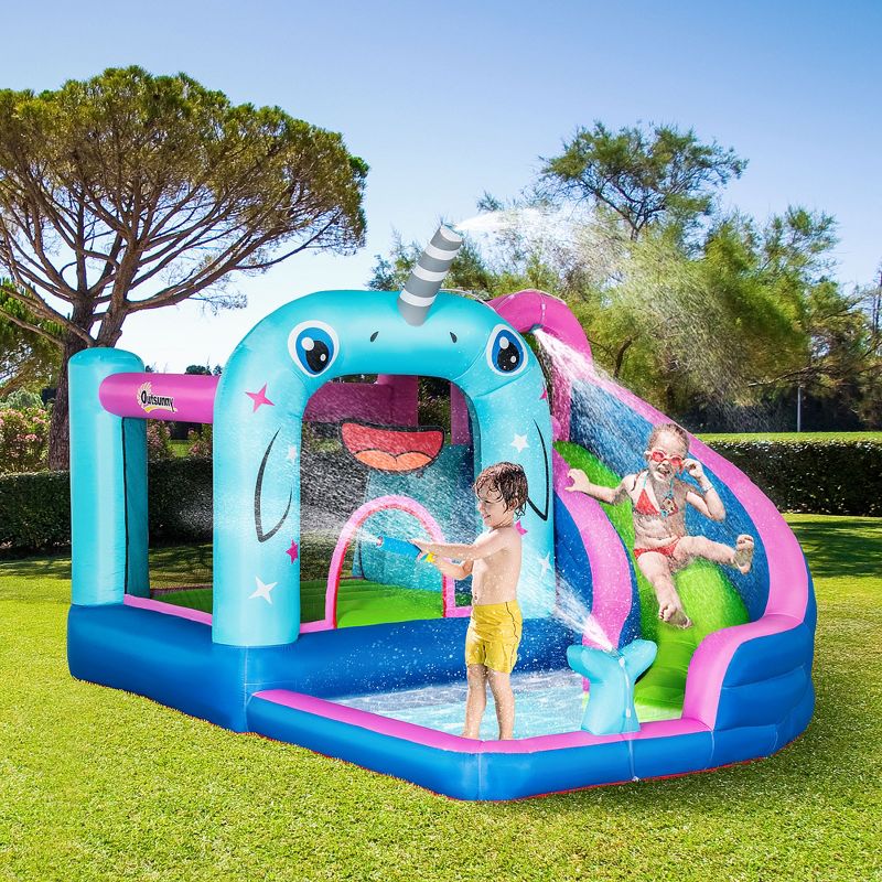 Outsunny 5-in-1 Inflatable Water Slide Kids Bounce House Narwhals Theme Water Park Includes Slide Trampoline Pool Cannon Climbing Wall with Carry Bag, 3 of 7