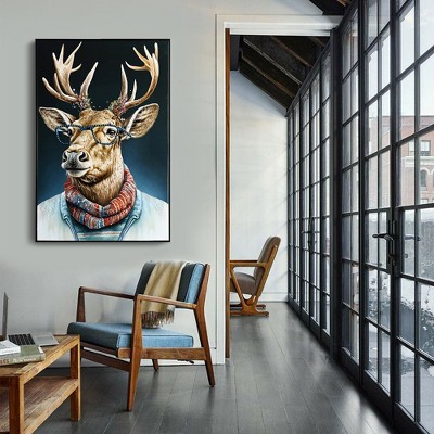 KTMBDW Stylish Antlered Deer Framed Wall Art: Deer Sporting Glasses and scarf, Clad in A Casual Jacket. Ideal for Living Room, Animal Portrait