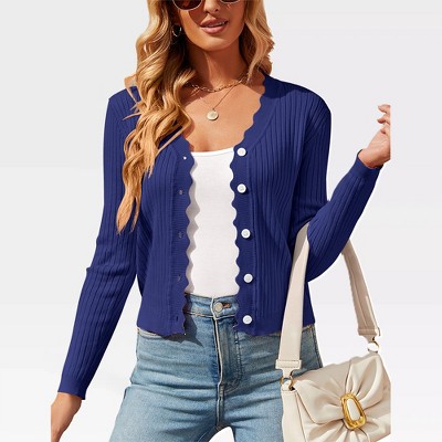 Women's V Neck Lightweight Knit Cardigan with Long Sleeves and Front Button Down Elegant Shrugs for Dresses,Navy - 2XL
