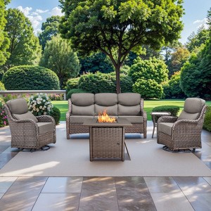 Gymojoy 5 Pieces Outdoor Patio Wicker Sofa Swivel Chair with 6 Inch Cushions and Fire Pit Table - 1 of 4