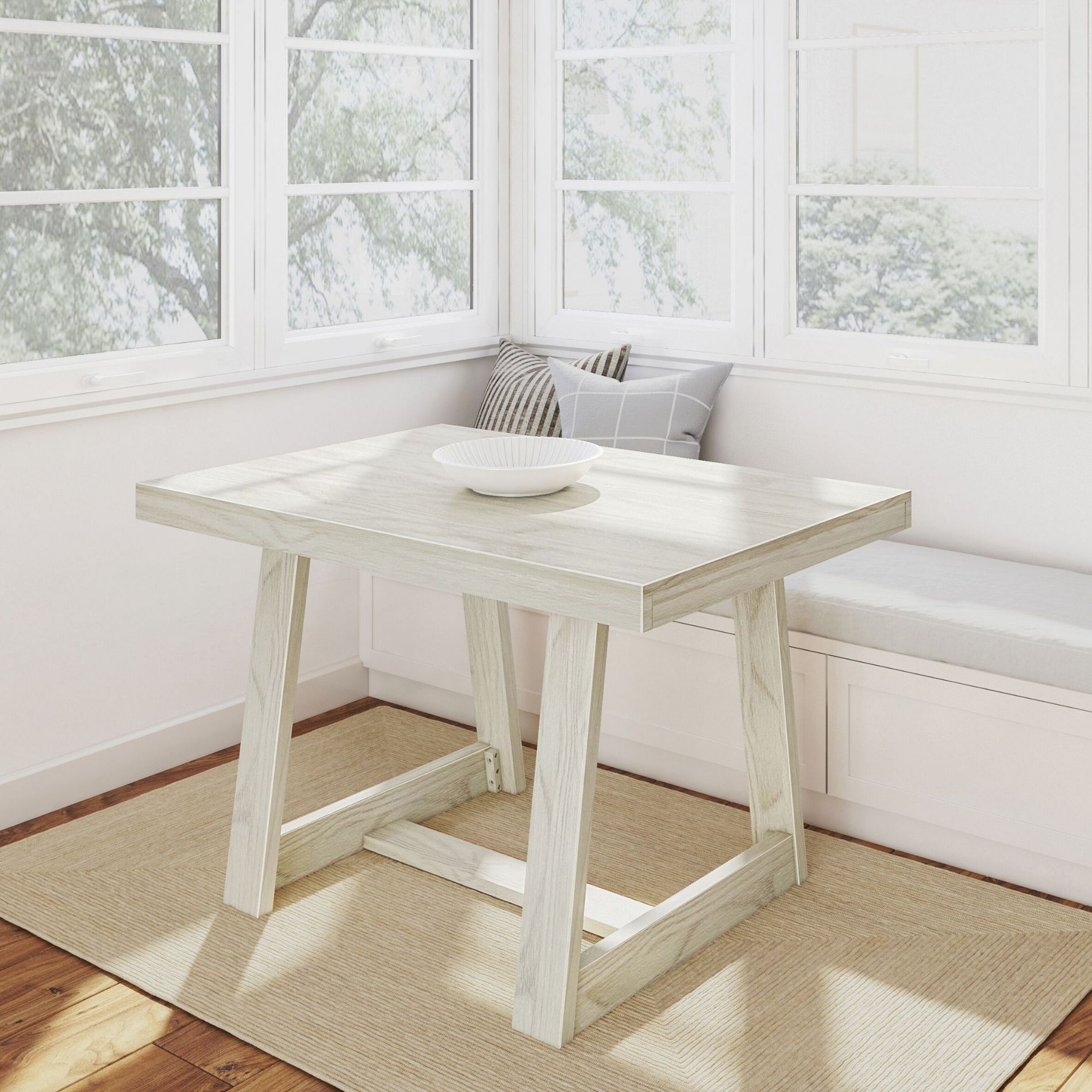 Plank+Beam 48" Dining Table for 4, Classic Farmhouse Solid Wood Kitchen Table, White Sand Wirebrush