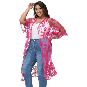 Anna-Kaci Women's Plus Size Lace Cardigan Short Sleeve Open Front Floral Crochet Long Duster - 1 of 4