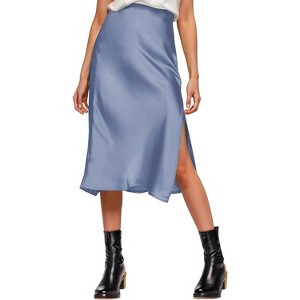 Women's Satin Midi Skirt - High Waist Slit Design with Comfortable Elastic Waistband Blue - 1 of 4