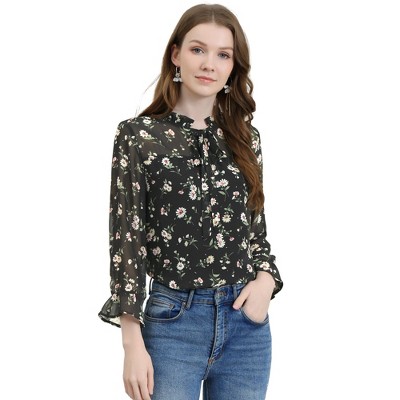 Allegra K Women's Ruffle Collar 3/4 Sleeve Tie Neck Chiffon Floral Blouse