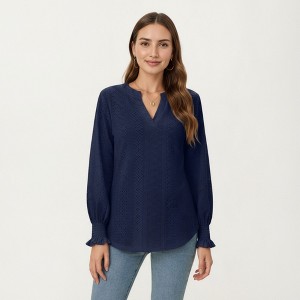 Anna-Kaci Women's Long Sleeve Eyelet Embroidered Top with V-Neckline and Ruffle Cuffs - 1 of 4