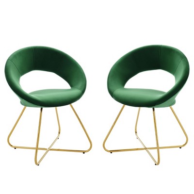 Modway Nouvelle Velvet Dining Chairs – Set of 2 Mid-Century Modern Gold Legs Chairs in Emerald Green Upholstery