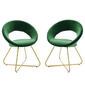 Modway Nouvelle Velvet Dining Chairs – Set of 2 Mid-Century Modern Gold Legs Chairs in Emerald Green Upholstery - 1 of 4