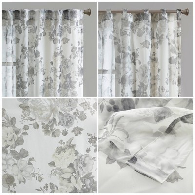 White Floral Sheer Rod Pocket Back Tab Curtain Panel