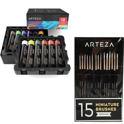 Arteza Professional Acrylic Artist Set - 22 Pack of 22ml Paints and 15 Pack of Detail Paint Brushes Bundle (ARTZ-NBNDL114)