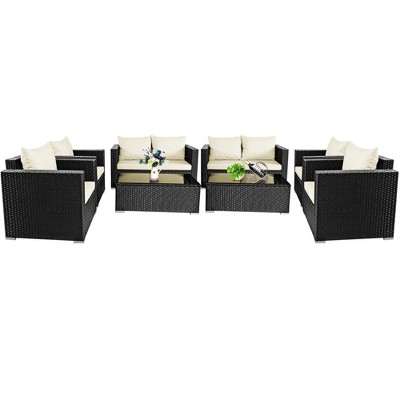 Tangkula 8PCS Rattan Patio Conversation Set Outdoor Furniture Set w/ Cushions