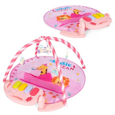 Baby Gym Baby Play Mat Piano Gym w/ 5 Hanging Sensory Toys Pink
