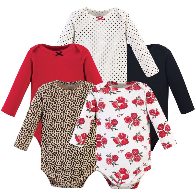Hudson Baby Infant Girl Cotton Long-Sleeve Bodysuits 5pk, Basic Rose Leopard, 1 of 4