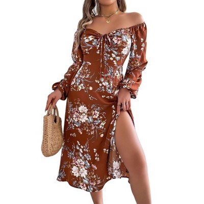 Coolmee Women's Boho Flowy Long Sleeve Drawstring Sweetheart Neck Floral Maxi Dress Side Slit Spring Fall Wedding Guest Dresses