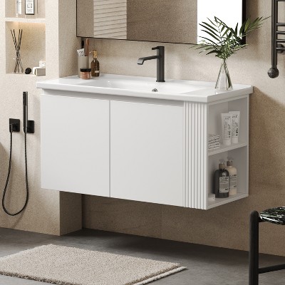 TiramisuBest 30"Antique Bathroom Vanity with Ceramic Sink,Mid-Century Modern Cabinet,2 Soft-Close Doors,Large Storage,Retro Freestanding,Brown