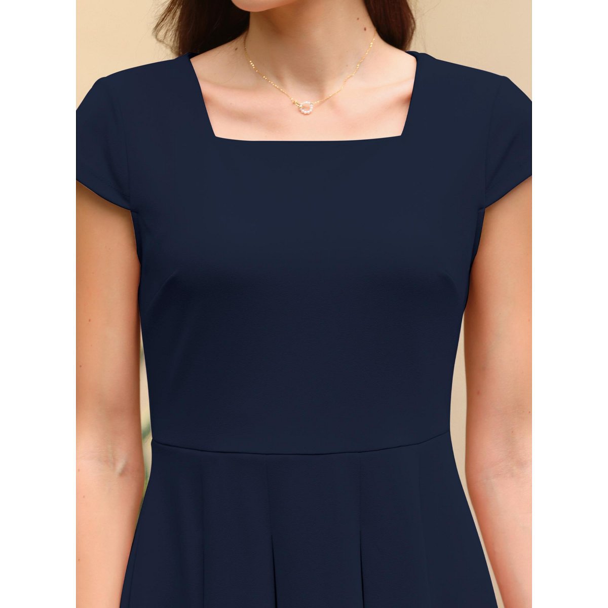 Женские платья INSPIRE CHIC Women's Cap Sleeve Flare Square Neck Business Work A Line Pleated Dress Medium Navy Blue — фото 4