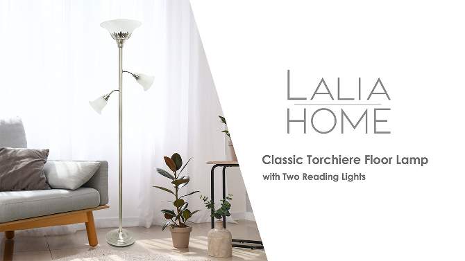 Torchiere Floor Lamp with 2 Reading Lights and Scalloped Glass Shades - Lalia Home, 2 of 10, play video