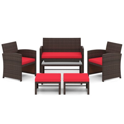 Tangkula 6 PCS Patio Furniture Set w/ 1 Loveseat 1 Coffee Table 2 Armchairs 2 Ottomans