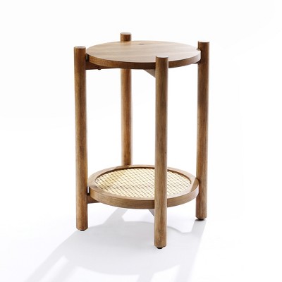 LuxenHome Chestnut Finish Pine and MDF Wood Accent Round Table with Rattan Shelf Brown