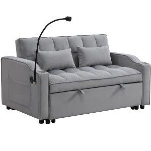 TiramisuBest Modern Velvet Loveseat Futon Sofa with Pullout Bed, Adjustable Backrest, Pillows, USB Ports & Phone Holder, Space-Saving,Light Gray - 1 of 4