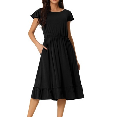 Seta T Women's Summer Casual Flutter Short Sleeve Crew Neck Ruffle Hem Midi Dress with Pockets