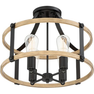 Buford 20" Rustic Farmhouse Black Metal & Faux Wood 4-Light Ceiling Light