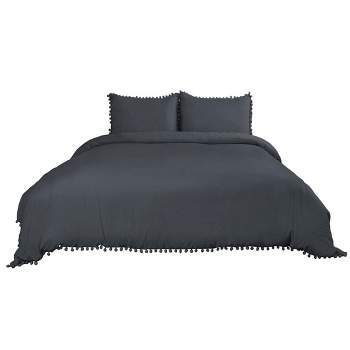 PiccoCasa Duvet Cover Set with Pompon Tassels Soft Washed Bedding Solid Color with 2 Pillow Shams 3 Piece