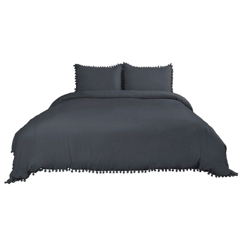 PiccoCasa Duvet Cover Set with Pompon Tassels Soft Washed Bedding Solid Color with 2 Pillow Shams 3 Piece, 1 of 5