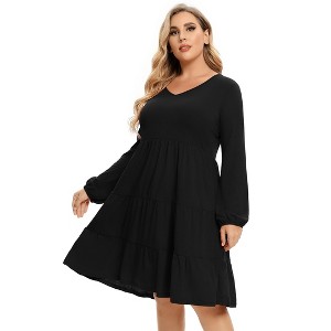plus Size V-Neck Multi-Layered Ruffle Long Sleeve Dress - 1 of 4