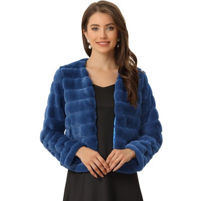Allegra K Women's Winter Warm Cropped Collarless Faux Fur Fluffy Jacket