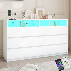 Dyonery modern 6-drawer dressing table with power sockets and LED lights, wide storage cabinet with open shelves, bedroom, living room - 1 of 4