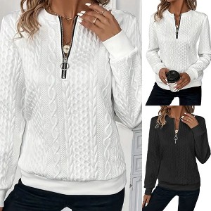 Coolmee Women Casual Crewneck Long Sleeve Cable Knit Stripes Half Zip Pullover Sweatshirts Tops - 1 of 4