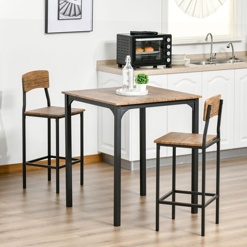 HOMCOM 3 Piece Industrial Counter Height Dining Table Set, Bar Table & Chairs with Steel Legs & Footrests, 2 of 9