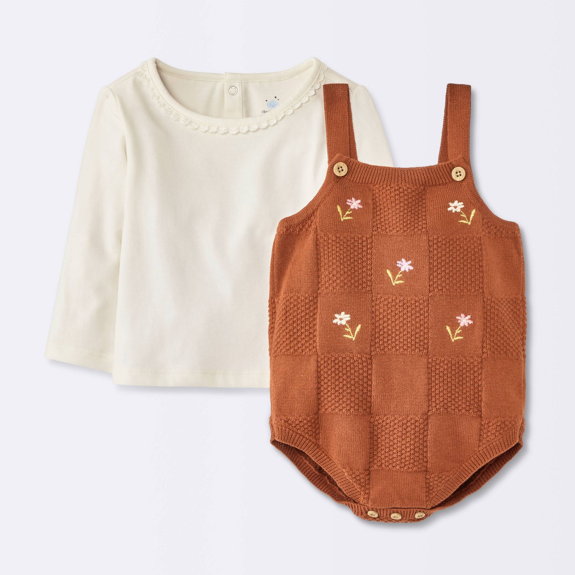 Baby Girls' Floral Embroidered Sweater Romper and Long Sleeve Set - Cloud Island™ Cream