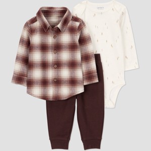 Carter's Just One You® Baby Boys' 3pc Plaid Top & Bottom Set - Brown - 1 of 3