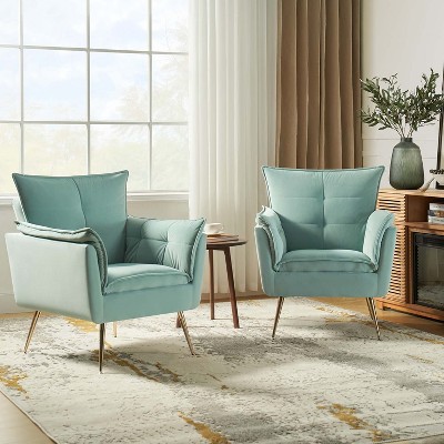 Set of 2 Jonat Contemporary Velvet Wooden Upholstered Armchair with Metal Legs for Bedroom and Living Room | ARTFUL LIVING DESIGN