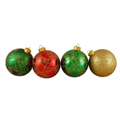 Sterling 4ct Glittered Geometric Shatterproof Christmas Ball Ornament Set 3.25" - Red/Green