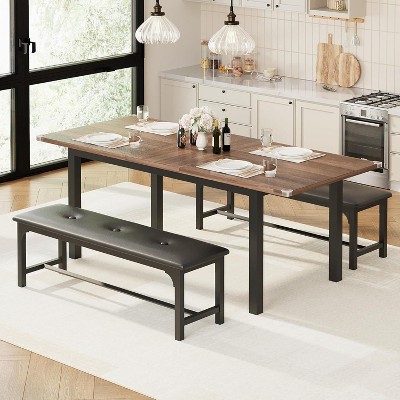 5 Pieces Dining Table Set for 4-6, 63" Extendable Dining Room Table Set for 4, Kitchen Table with Upholstered Benches and Stools Space-Walnut