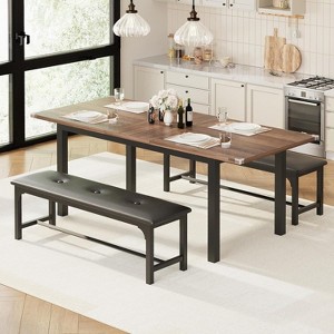 5 Pieces Dining Table Set for 4-6, 63" Extendable Dining Room Table Set for 4, Kitchen Table with Upholstered Benches and Stools Space-Walnut - 1 of 4