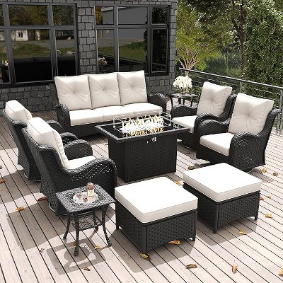LayinSun Outdoor Patio Furniture Set, Black Rattan Wicker Sectional Swivel Rocker Chairs Sets with Ottomans, Swivel Glider Chair