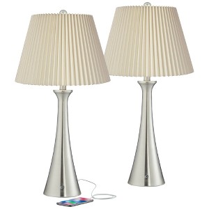 360 Lighting Karl Modern Table Lamps 27 1/2" Tall Set of 2 Brushed Nickel with USB Charging Port Dimmers Ivory Pleat Shade for Bedroom Bedside House - 1 of 4